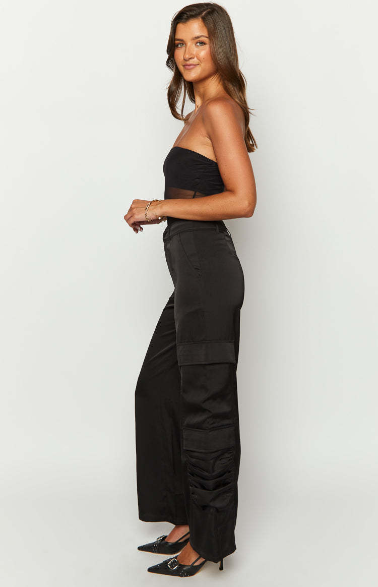 Satin Sapphire Black Cargo Pants-Vavasi.All Rights Reserved.