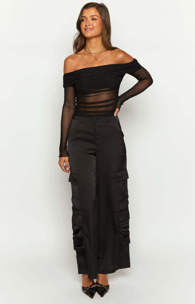 Satin Sapphire Black Cargo Pants-Vavasi.All Rights Reserved.