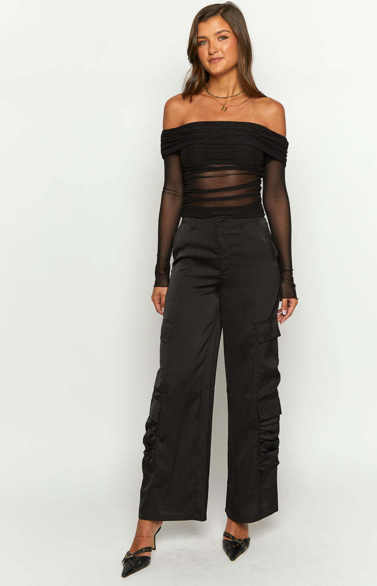 Satin Sapphire Black Cargo Pants-Vavasi.All Rights Reserved.