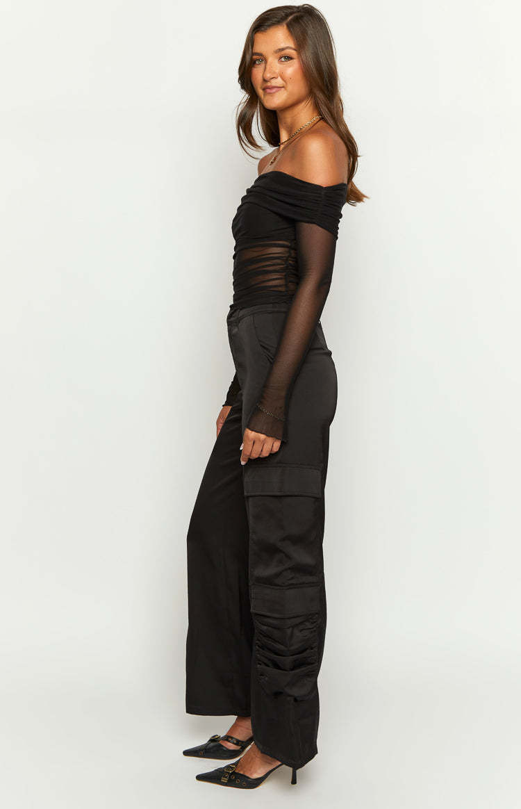 Satin Sapphire Black Cargo Pants-Vavasi.All Rights Reserved.