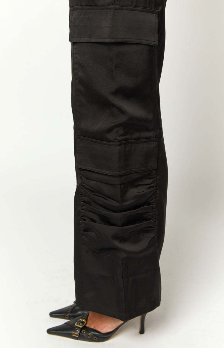 Satin Sapphire Black Cargo Pants-Vavasi.All Rights Reserved.