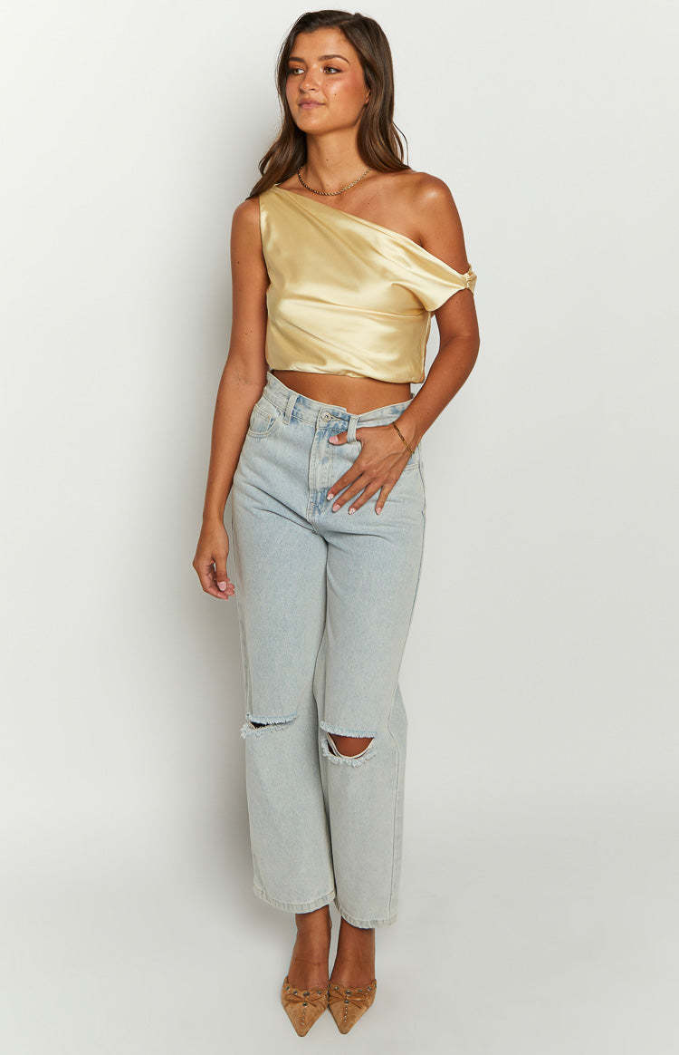 Scotlyn Yellow Satin Off The Shoulder Crop Top-Vavasi.All Rights Reserved.