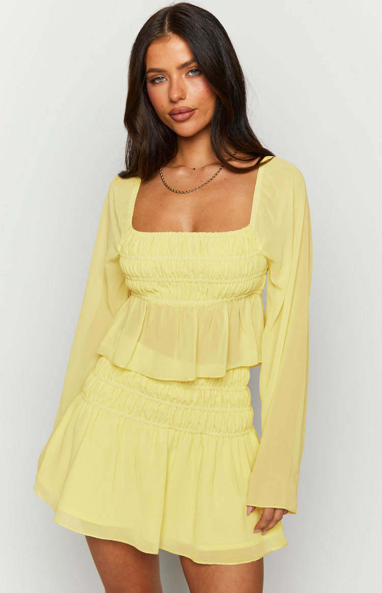 Sean Yellow Chiffon Long Sleeve Top-Vavasi.All Rights Reserved.