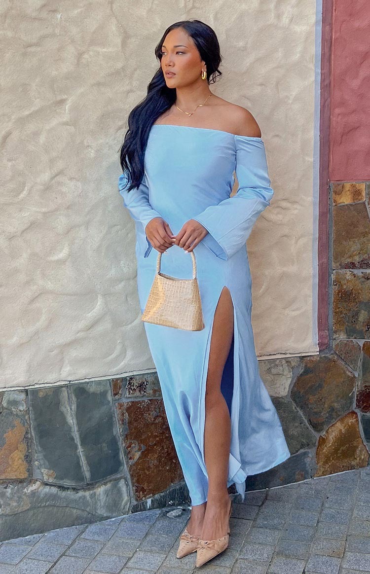 Shae Blue Satin Long Sleeve Maxi Dress-Vavasi.All Rights Reserved.