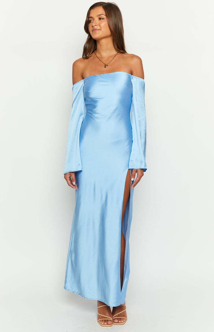 Shae Blue Satin Long Sleeve Maxi Dress-Vavasi.All Rights Reserved.