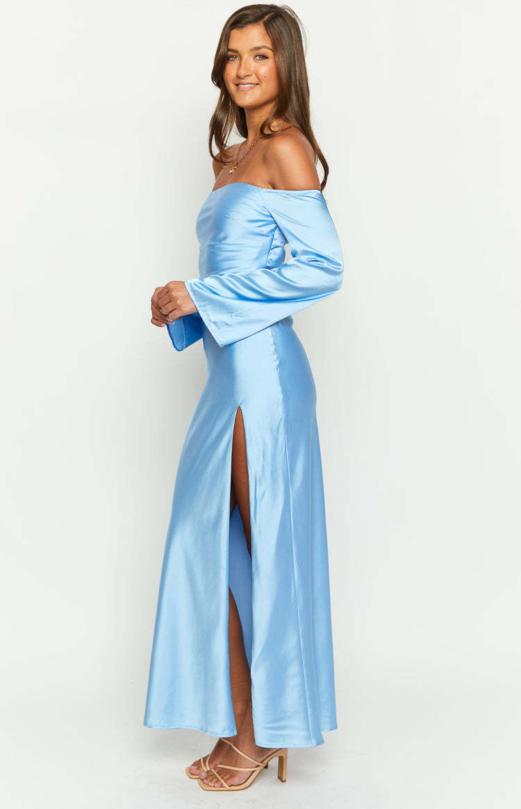 Shae Blue Satin Long Sleeve Maxi Dress-Vavasi.All Rights Reserved.