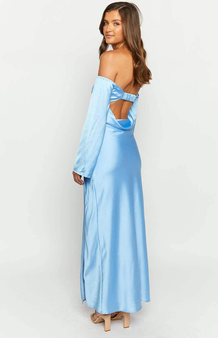 Shae Blue Satin Long Sleeve Maxi Dress-Vavasi.All Rights Reserved.