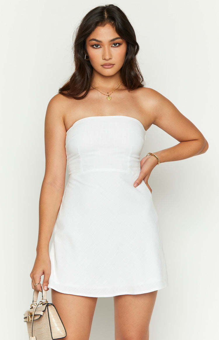 Shannon White Linen Blend Mini Dress-Vavasi.All Rights Reserved.