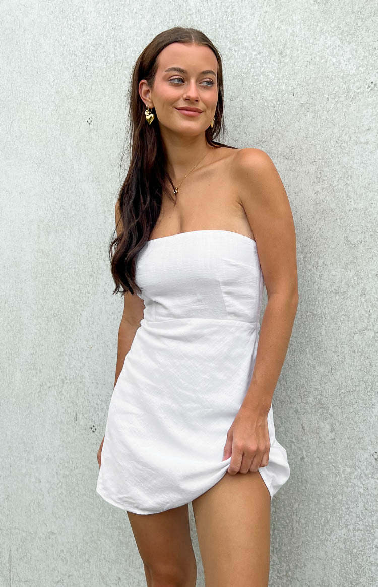 Shannon White Linen Blend Mini Dress-Vavasi.All Rights Reserved.