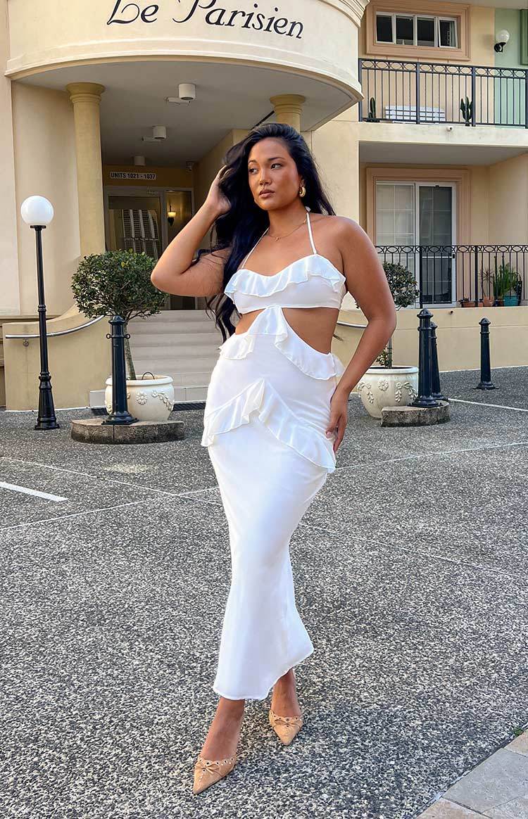 Ryder White Strapless Ruffle Maxi Dress-Vavasi.All Rights Reserved.