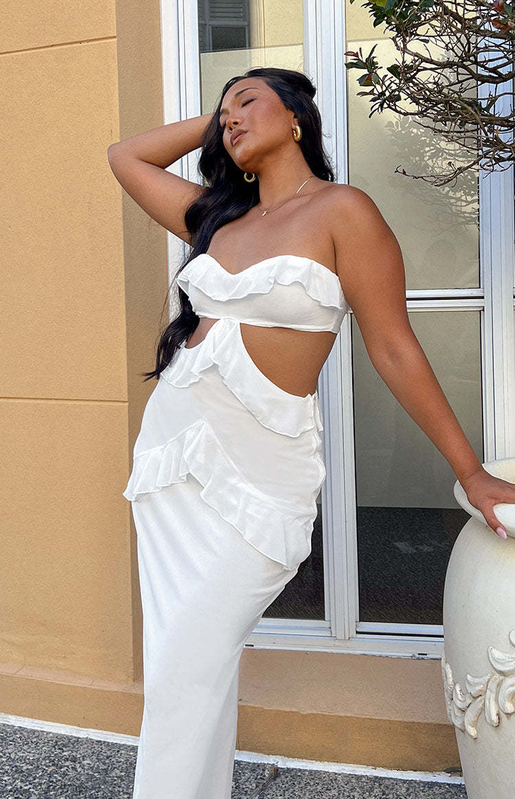 Ryder White Strapless Ruffle Maxi Dress-Vavasi.All Rights Reserved.