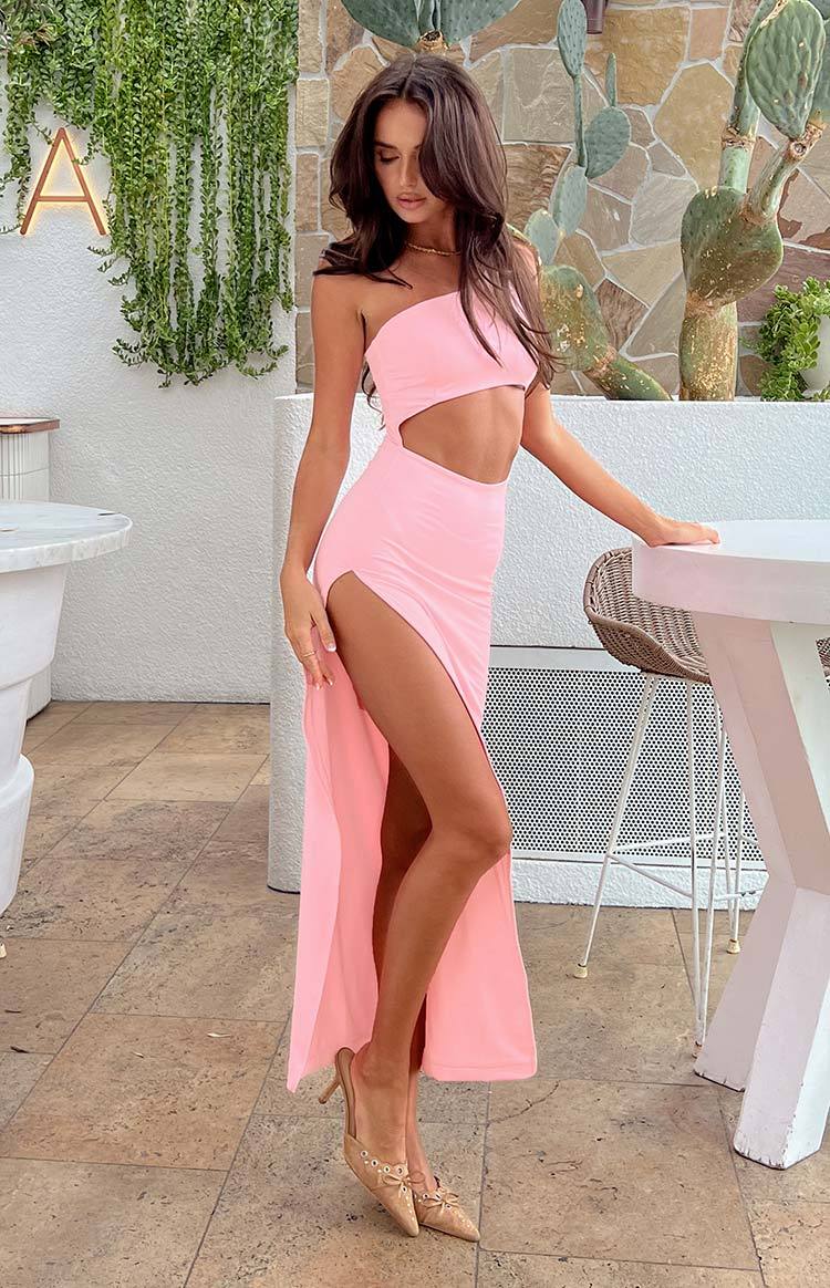 Simone Cut Out One Shoulder Pink Maxi Dress-Vavasi.All Rights Reserved.