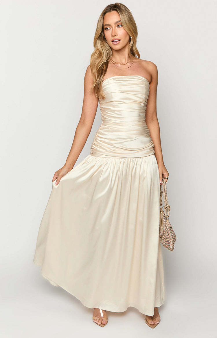 Sinclair Cream Satin Strapless Maxi Dress-Vavasi.All Rights Reserved.