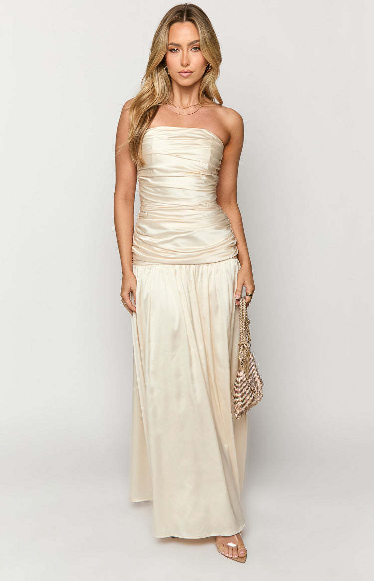 Sinclair Cream Satin Strapless Maxi Dress-Vavasi.All Rights Reserved.