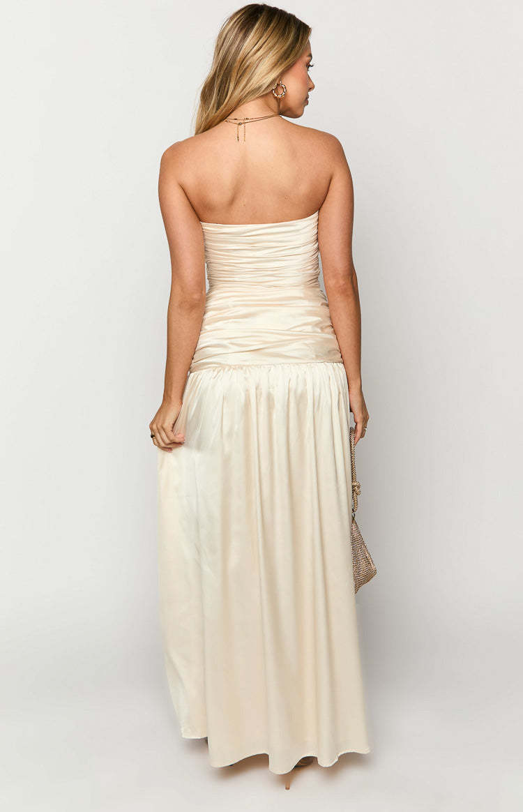 Sinclair Cream Satin Strapless Maxi Dress-Vavasi.All Rights Reserved.