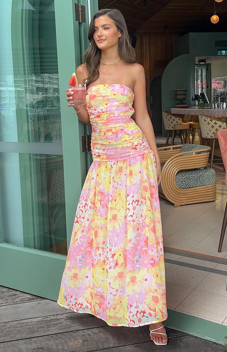 Sinclair Yellow Floral Print Strapless Maxi Dress-Vavasi.All Rights Reserved.