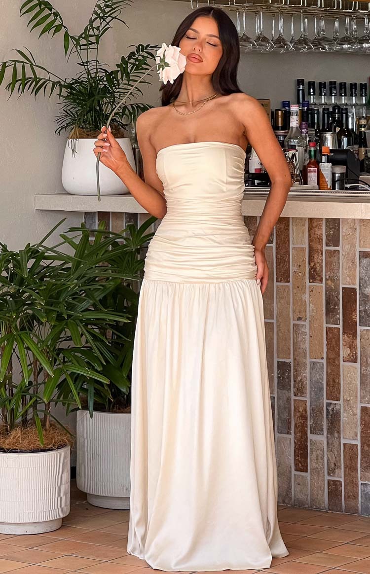 Sinclair Cream Satin Strapless Maxi Dress-Vavasi.All Rights Reserved.