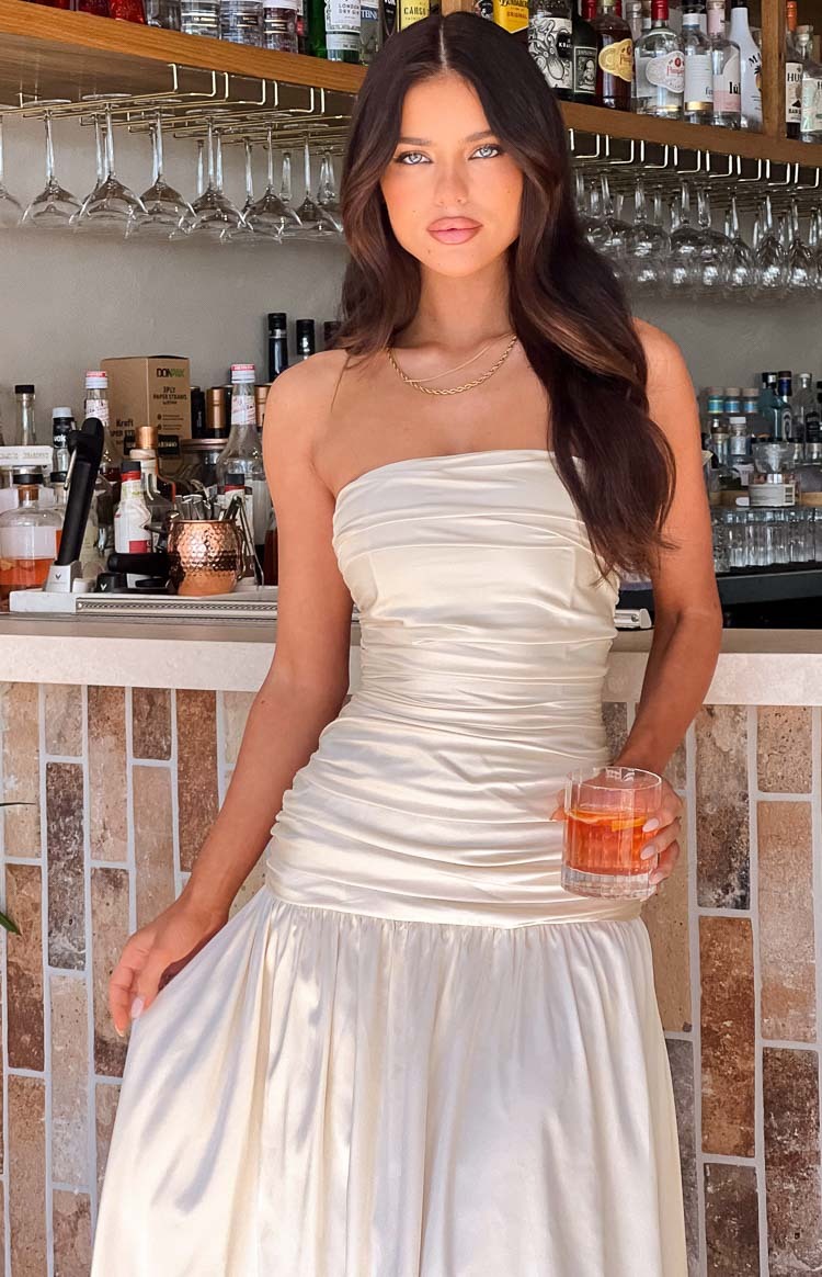 Sinclair Cream Satin Strapless Maxi Dress-Vavasi.All Rights Reserved.
