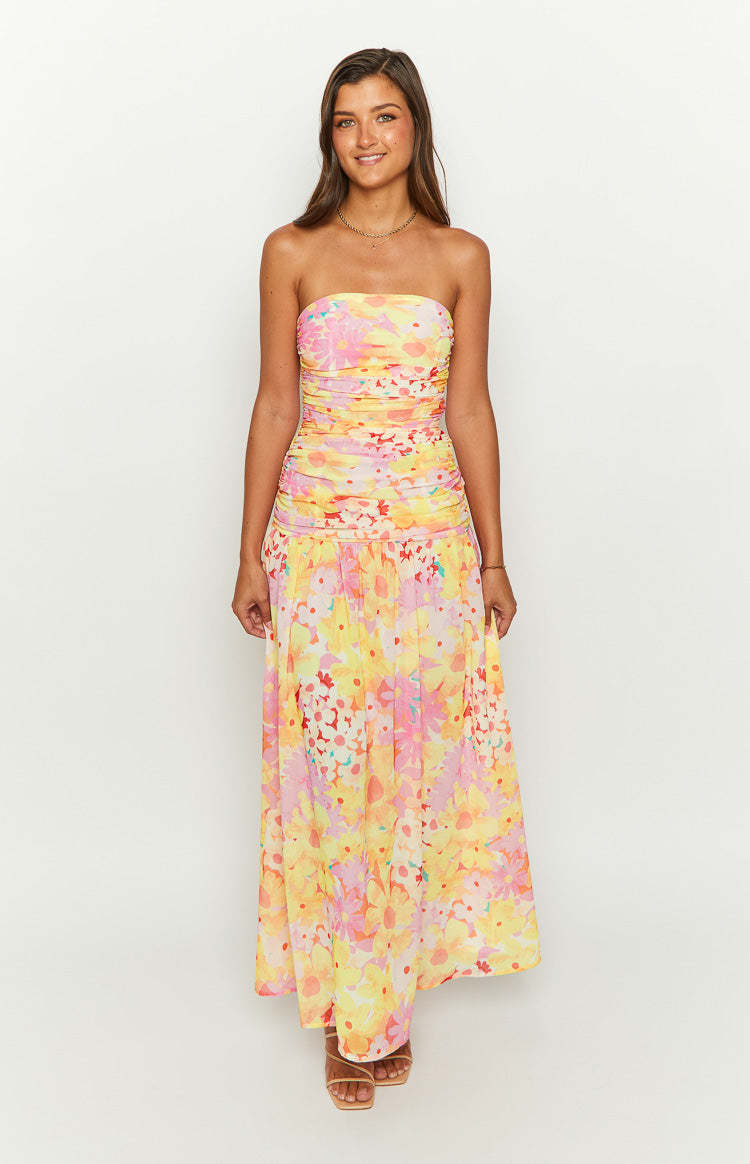 Sinclair Yellow Floral Print Strapless Maxi Dress-Vavasi.All Rights Reserved.