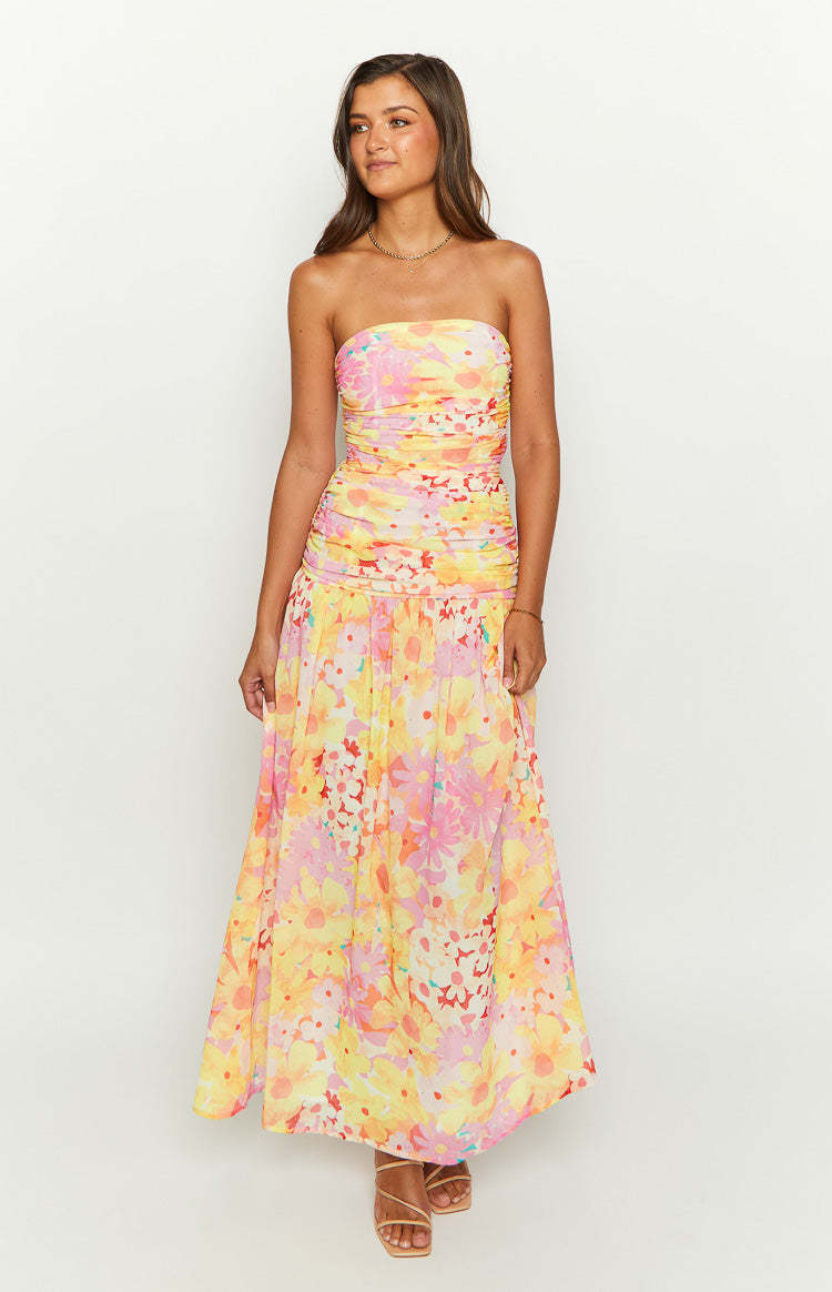 Sinclair Yellow Floral Print Strapless Maxi Dress-Vavasi.All Rights Reserved.