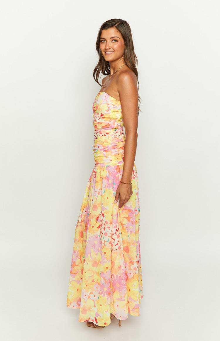Sinclair Yellow Floral Print Strapless Maxi Dress-Vavasi.All Rights Reserved.