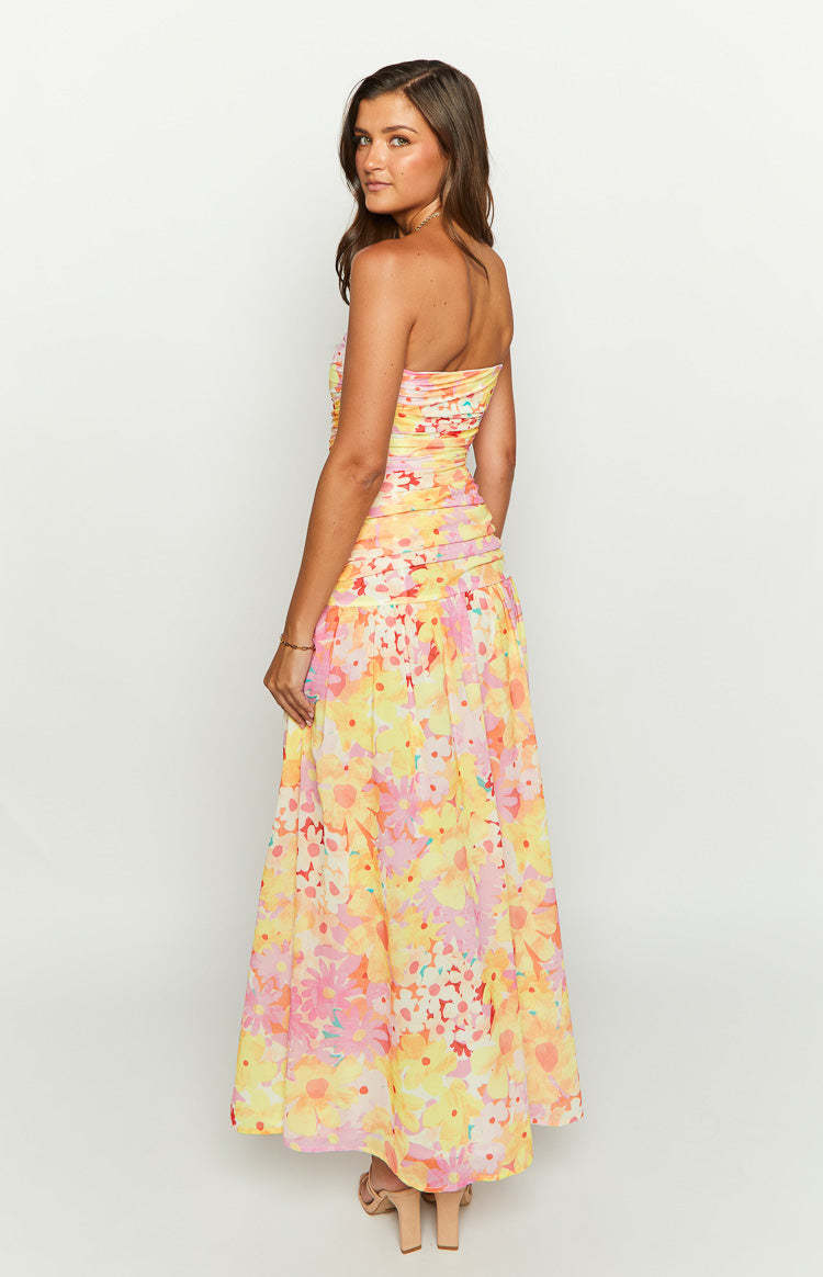 Sinclair Yellow Floral Print Strapless Maxi Dress-Vavasi.All Rights Reserved.