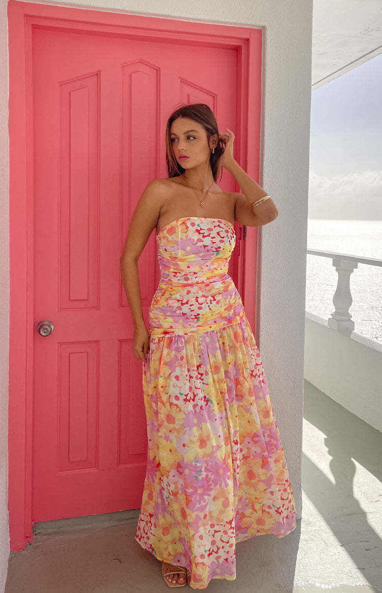 Sinclair Yellow Floral Print Strapless Maxi Dress-Vavasi.All Rights Reserved.