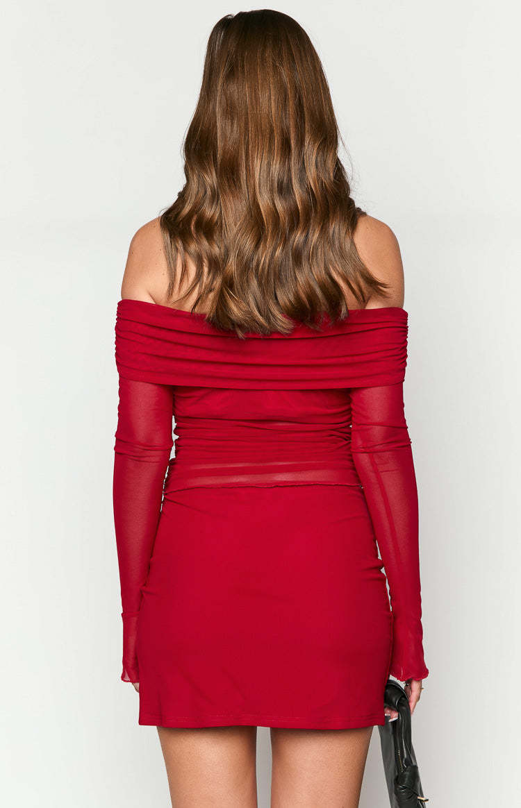 Sky Red Mesh Off Shoulder Top-Vavasi.All Rights Reserved.
