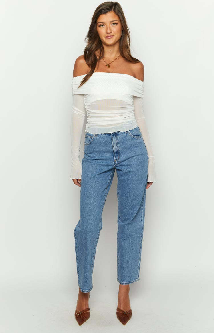 Sky White Mesh Off Shoulder Top-Vavasi.All Rights Reserved.