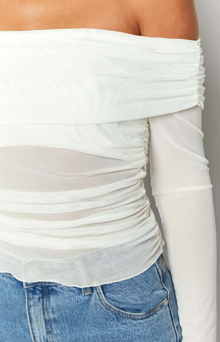 Sky White Mesh Off Shoulder Top-Vavasi.All Rights Reserved.