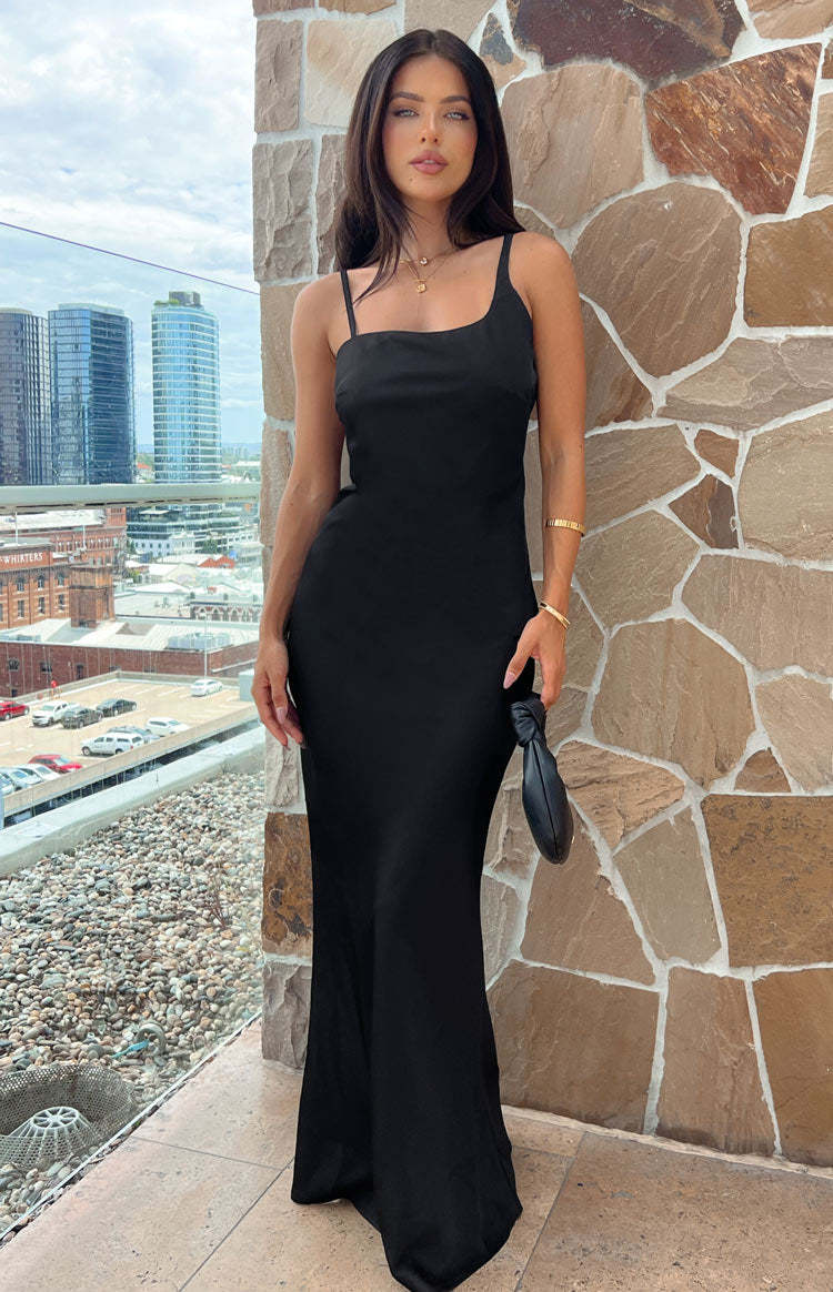Sloan Black Satin Formal Maxi Dress-Vavasi.All Rights Reserved.