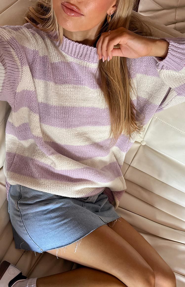Snuggle Lilac Striped Oversized Striped Sweater-Vavasi.All Rights Reserved.