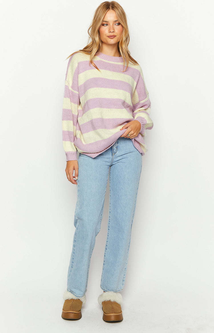 Snuggle Lilac Striped Oversized Striped Sweater-Vavasi.All Rights Reserved.