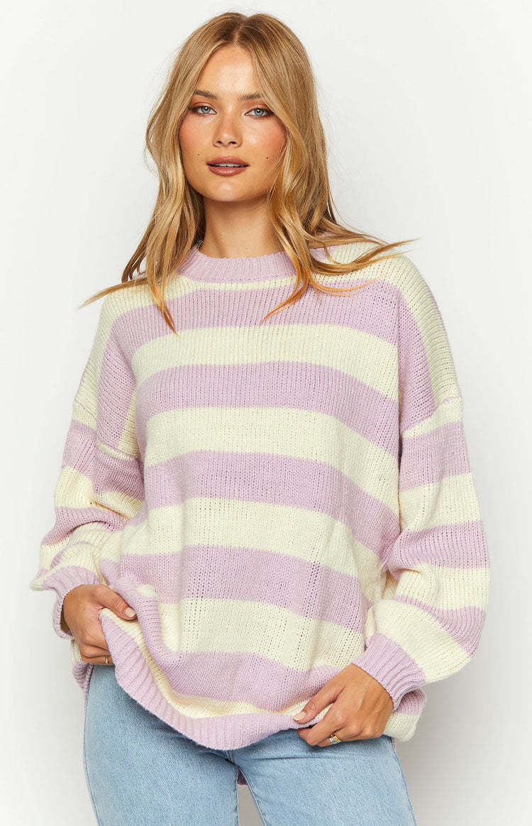 Snuggle Lilac Striped Oversized Striped Sweater-Vavasi.All Rights Reserved.