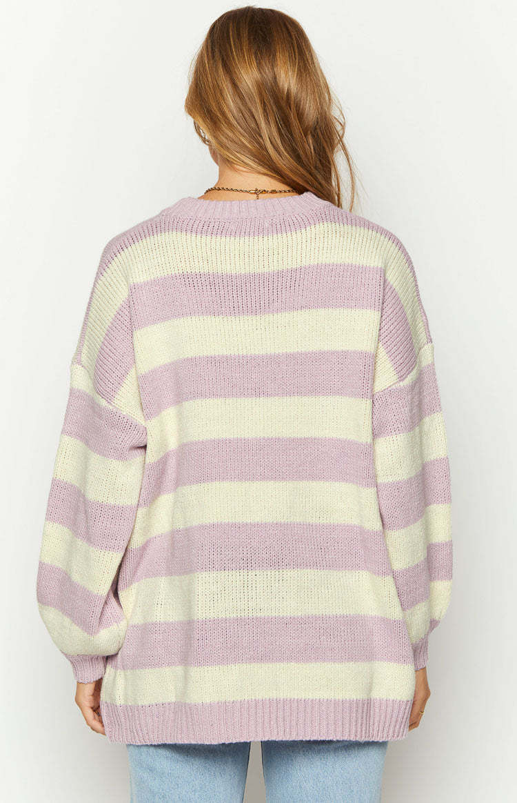 Snuggle Lilac Striped Oversized Striped Sweater-Vavasi.All Rights Reserved.