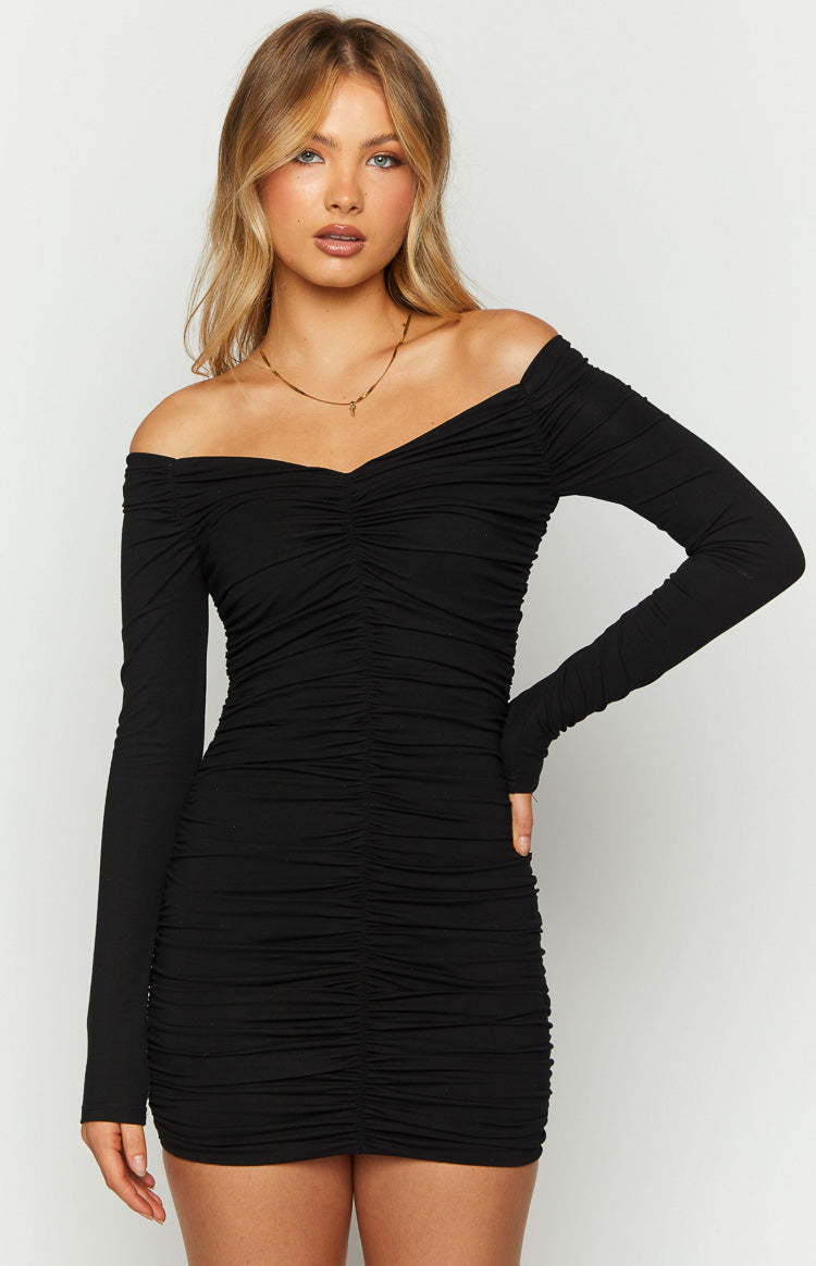 Solene Black Long Sleeve Mini Dress-Vavasi.All Rights Reserved.