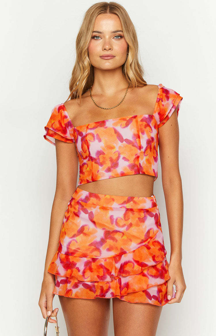 Sophia Azalea Pink Print Short Sleeve Crop Top-Vavasi.All Rights Reserved.