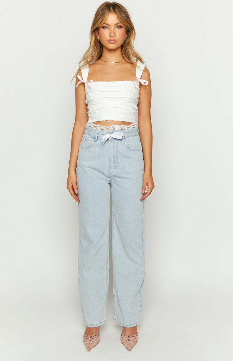 Soraya Light Wash Lace Waist Denim Jeans-Vavasi.All Rights Reserved.
