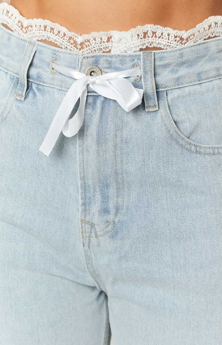 Soraya Light Wash Lace Waist Denim Jeans-Vavasi.All Rights Reserved.