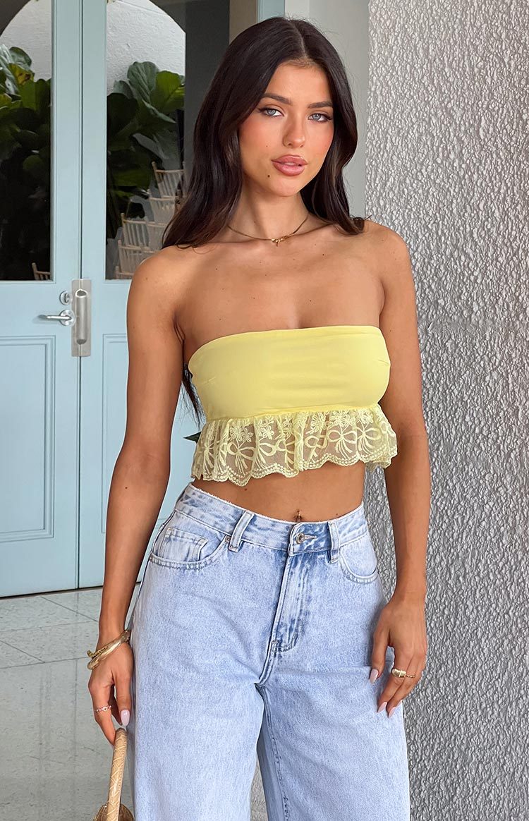 Sparrow Yellow Lace Frill Strapless Crop Top-Vavasi.All Rights Reserved.