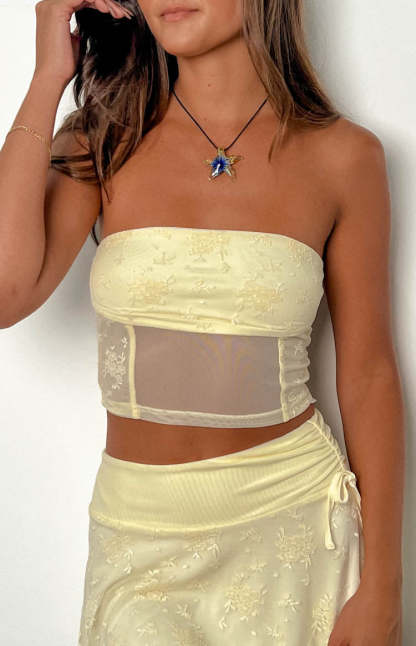 Stay Yellow Strapless Mesh Corset Top-Vavasi.All Rights Reserved.
