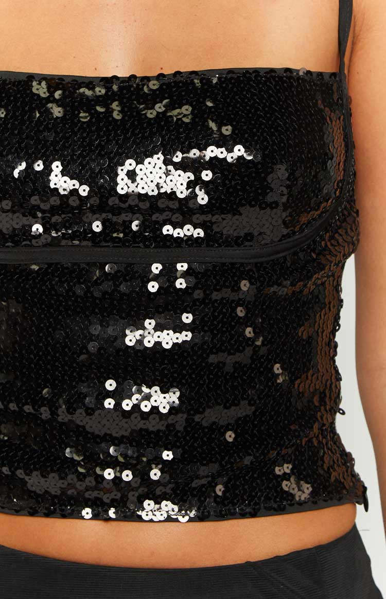 Stellar Black Sequin Low Back Top-Vavasi.All Rights Reserved.