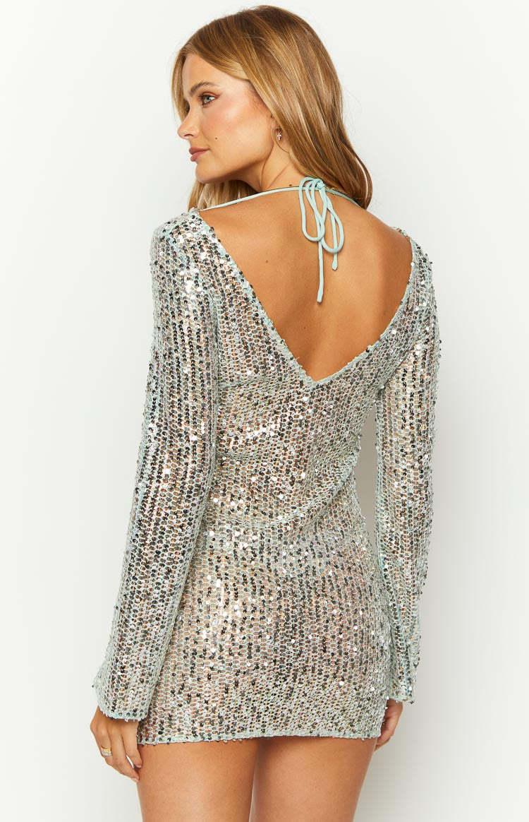 Stellar Shimmer Blue Long Sleeve Mini Dress-Vavasi.All Rights Reserved.