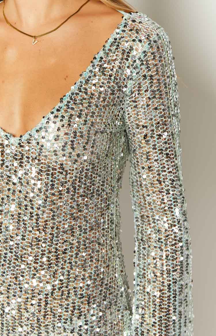 Stellar Shimmer Blue Long Sleeve Mini Dress-Vavasi.All Rights Reserved.
