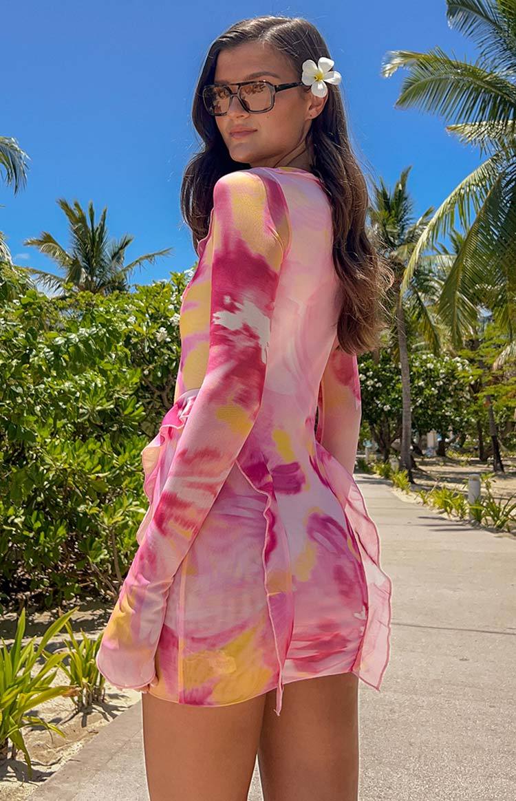 Surround Sound Pink Floral Mesh Long Sleeve Mini Dress-Vavasi.All Rights Reserved.