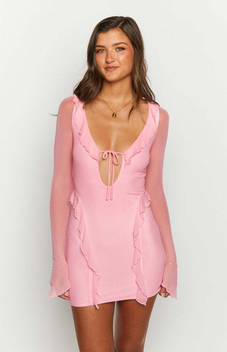Surround Sound Pink Mesh Long Sleeve Mini Dress-Vavasi.All Rights Reserved.