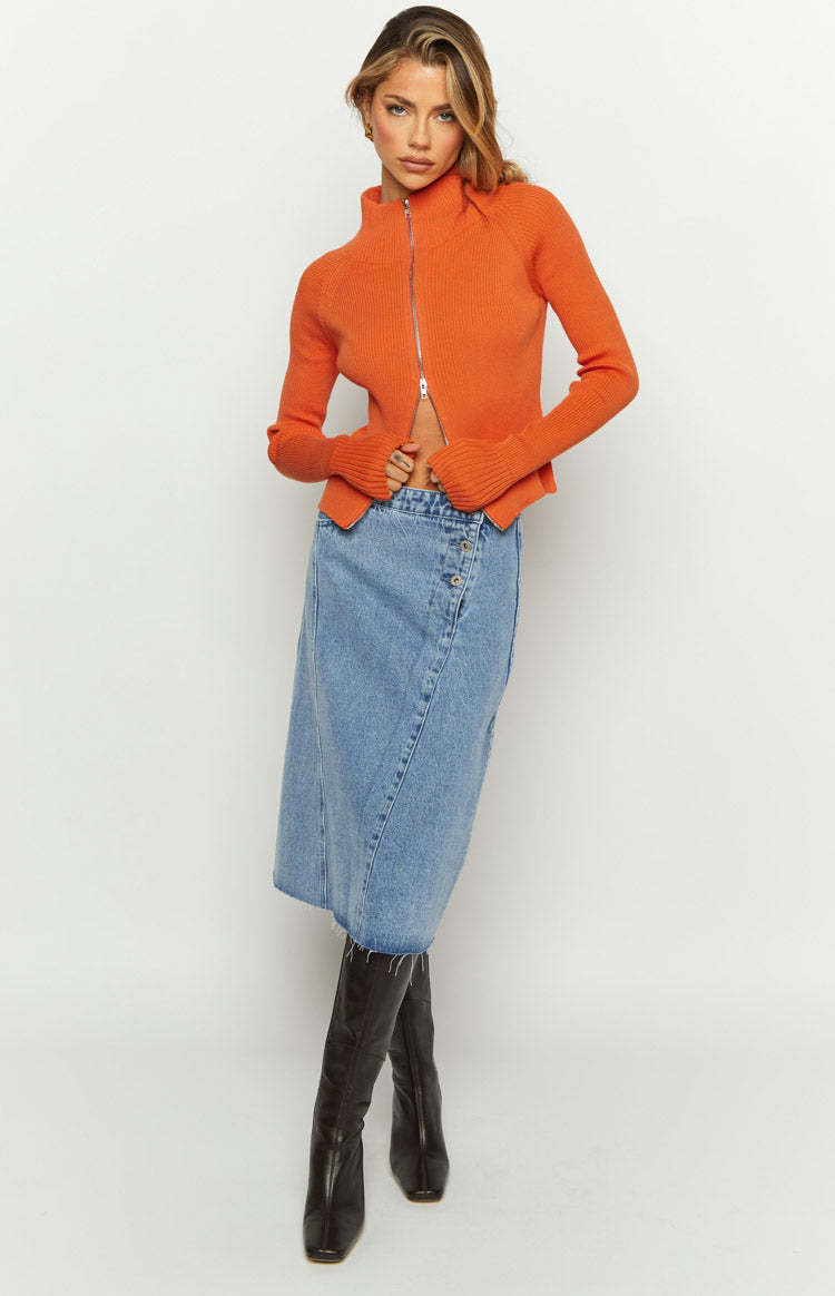 Tahni Orange Zip Up Knit Jacket-Vavasi.All Rights Reserved.