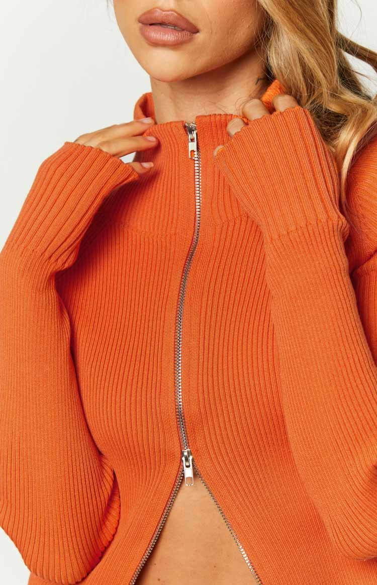 Tahni Orange Zip Up Knit Jacket-Vavasi.All Rights Reserved.