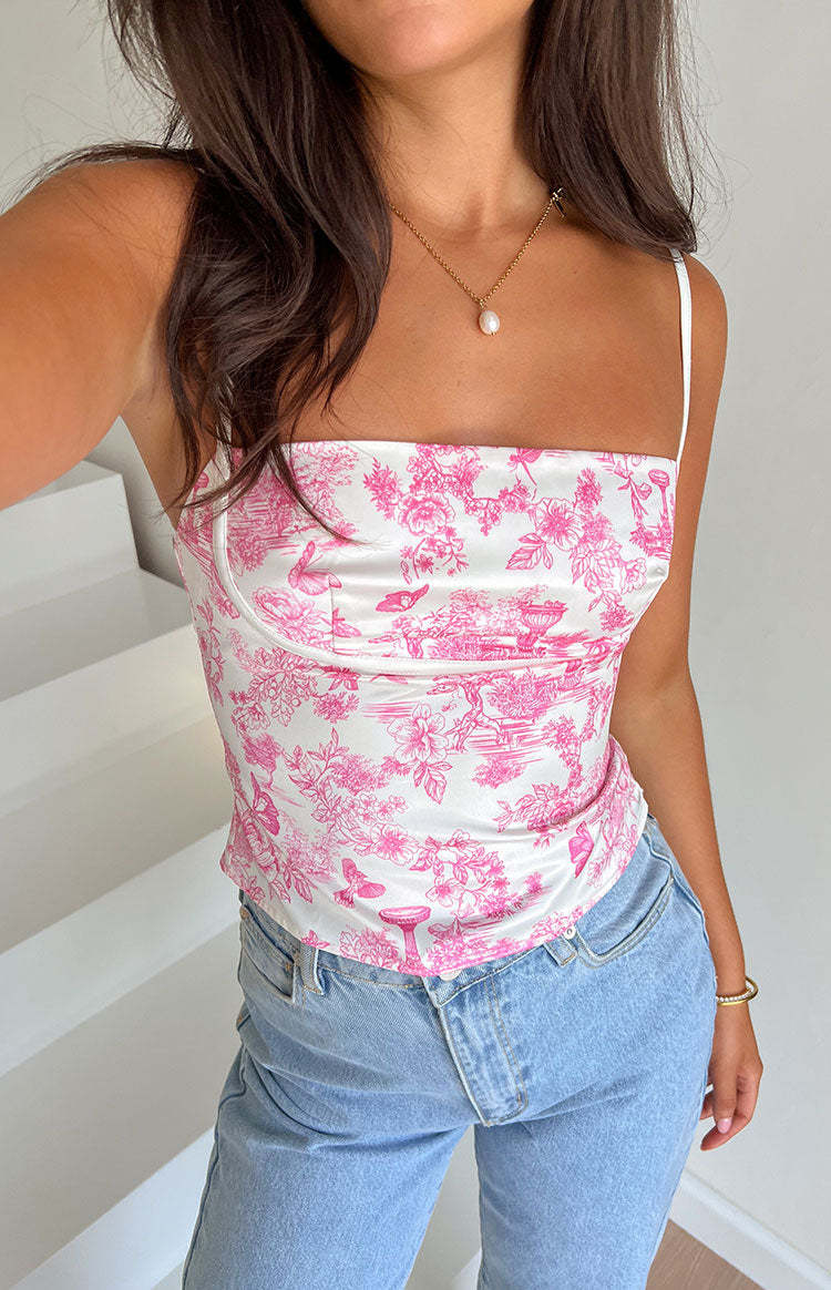 Tamra Pink Printed Low Back Top-Vavasi.All Rights Reserved.