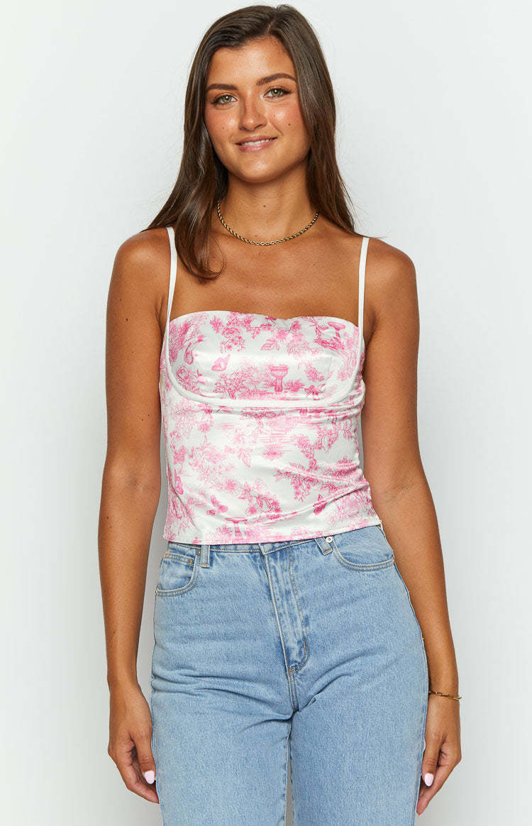 Tamra Pink Printed Low Back Top-Vavasi.All Rights Reserved.
